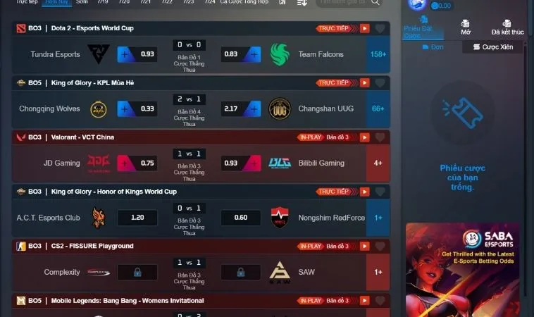 Bảng kèo cá cược Thể Thao Điện Tử OnBet