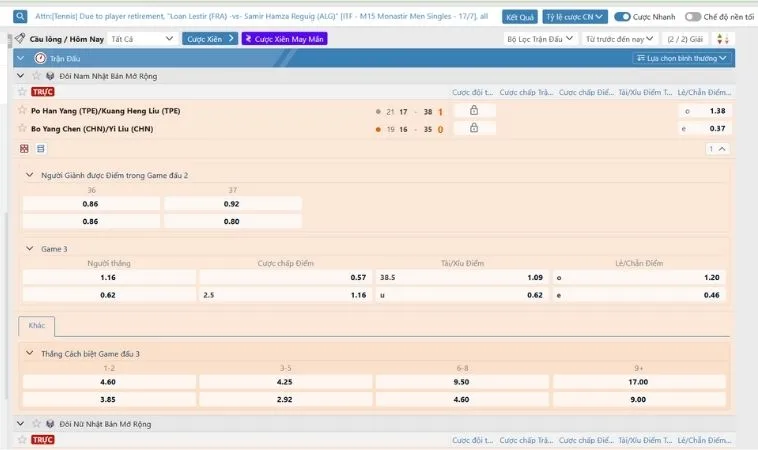 Bảng kèo cá cược Cầu Lông OnBet