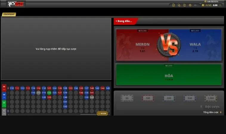 Giao diện đặt cược Đá Gà WS168 Tại OnBet