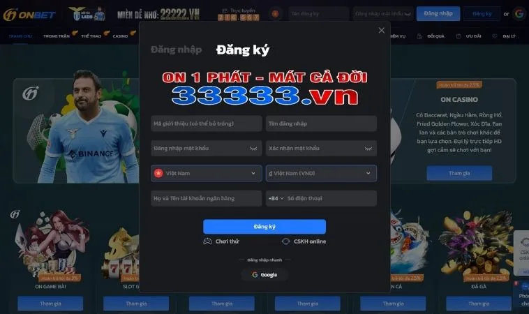 Giao diện đăng ký OnBet