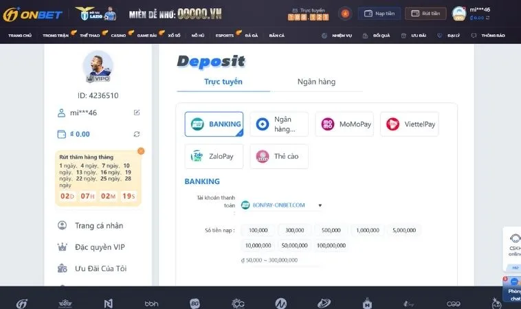 Các phương thức hỗ trợ nạp tiền OnBet