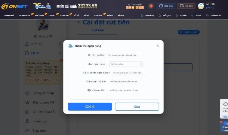 Giao diện thêm tài khoản ngân hàng để rút tiền OnBet
